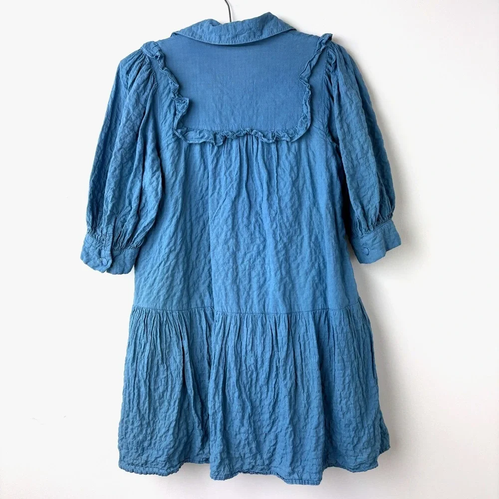 Sandy Liang Oversized Mini Shirt Dress XS Blue Crinkle Coquette Cottagecore Puff - Picture 6 of 10